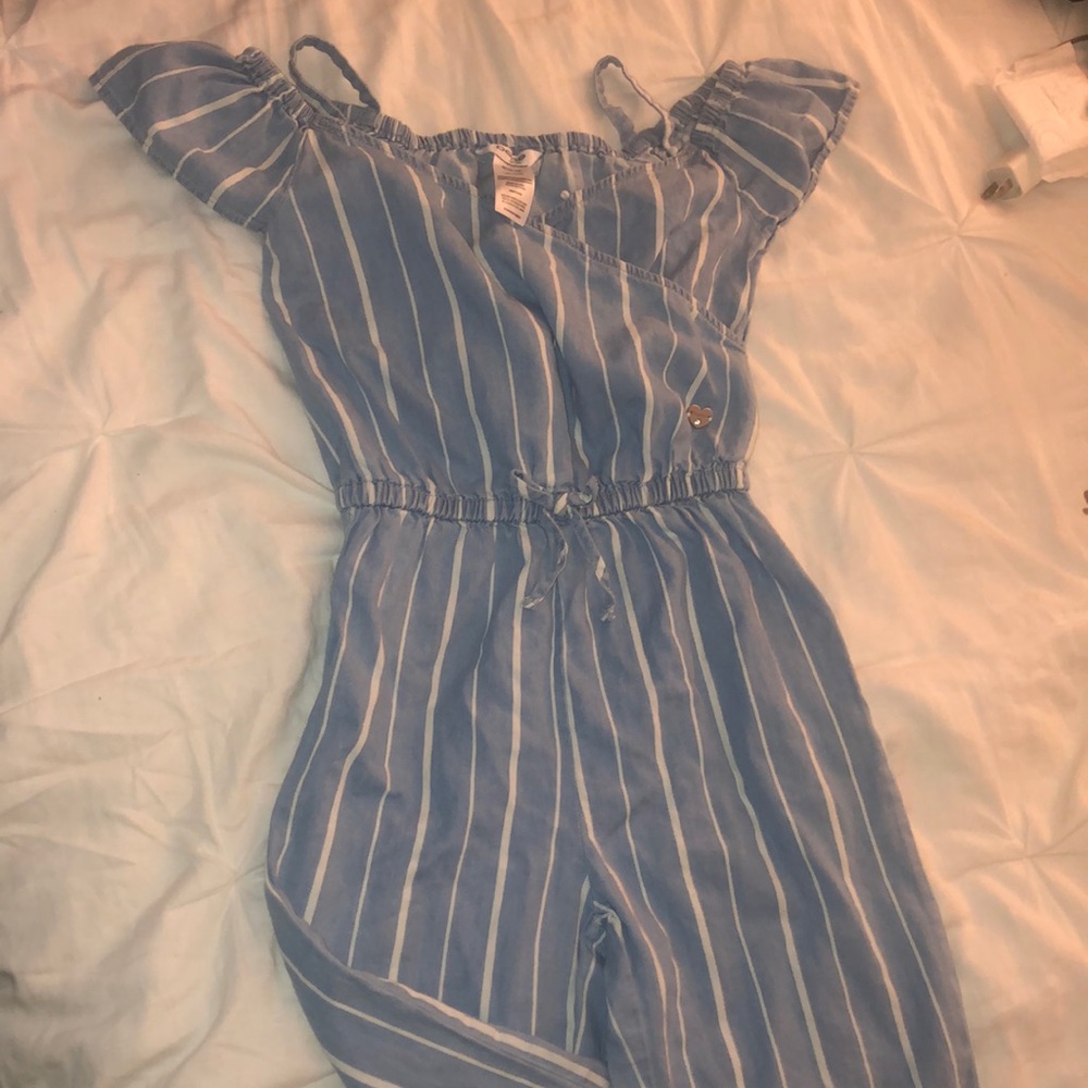 blue romper with white stripes. 3/4 length